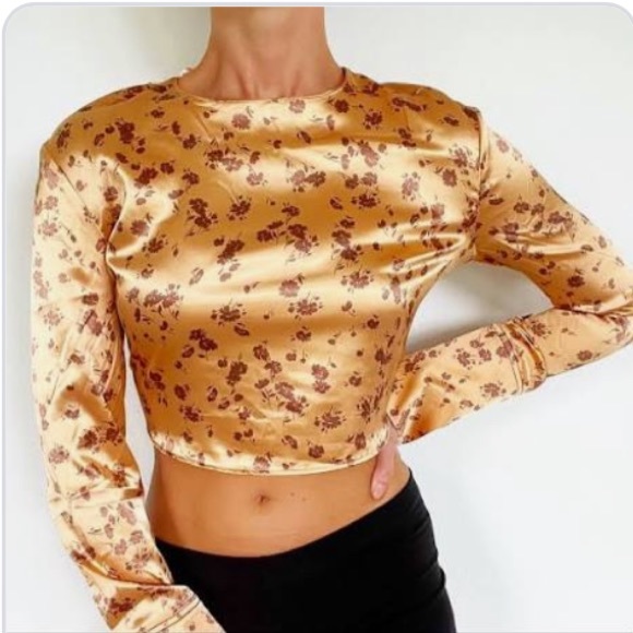 ZARA SATIN GOLD BROWN FLORAL CROP TOP LARGE - Picture 2 of 6